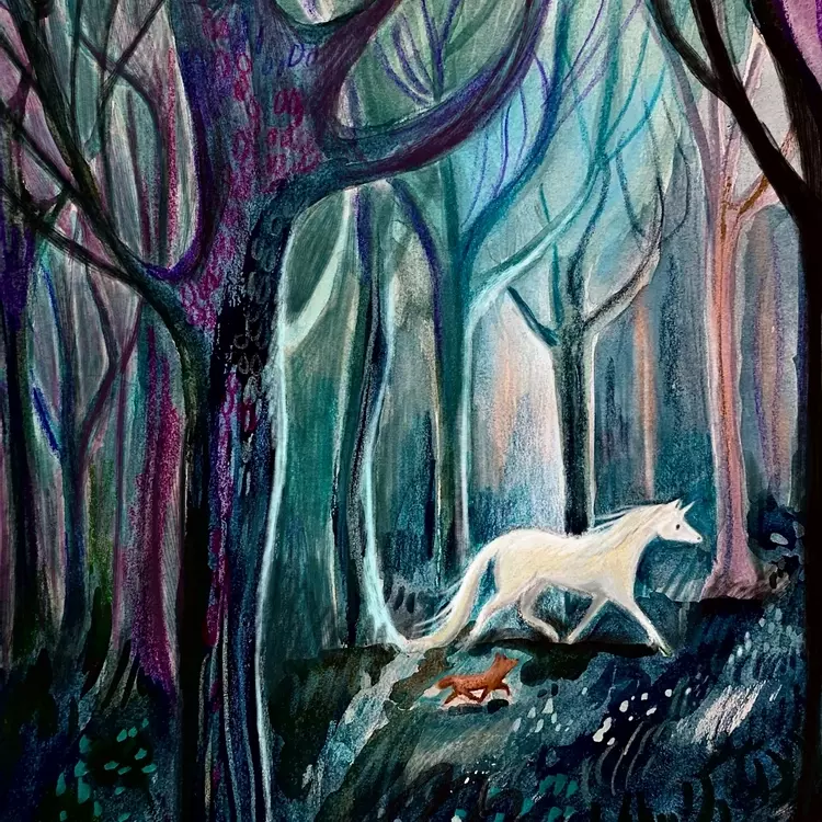 A mixed media of a unicorn and a foxes in a forest, the unicorn and fox are running through the dark trees together as light filters through from the back, the illustration would be ideal for a unicorn picture book